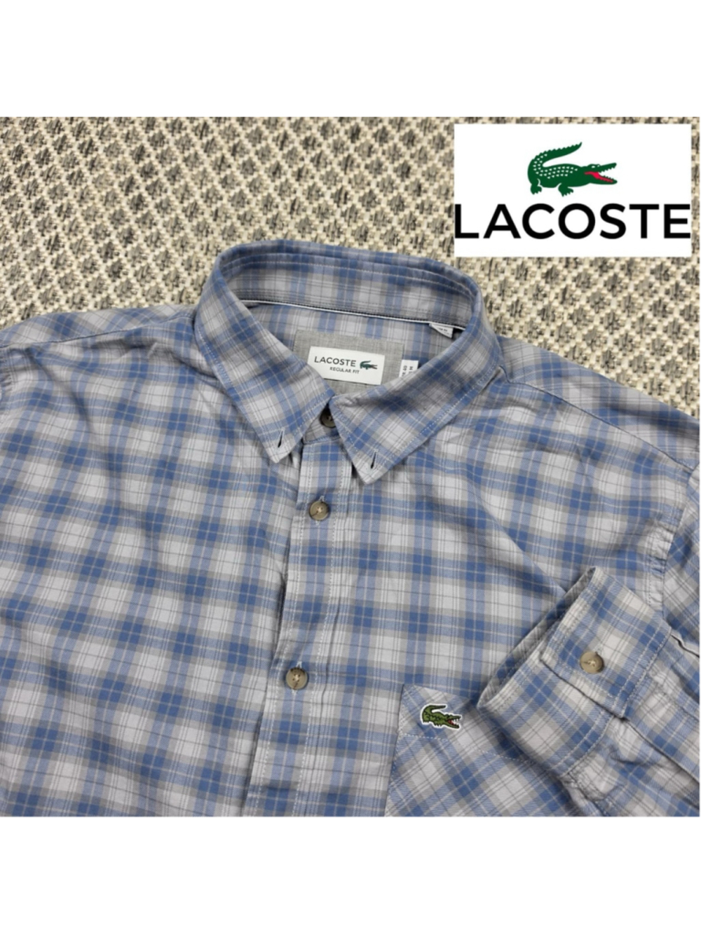 Lacoste Regular Fit Plaid Button Down Shirt Mens M Blue Gray Cotton Logo